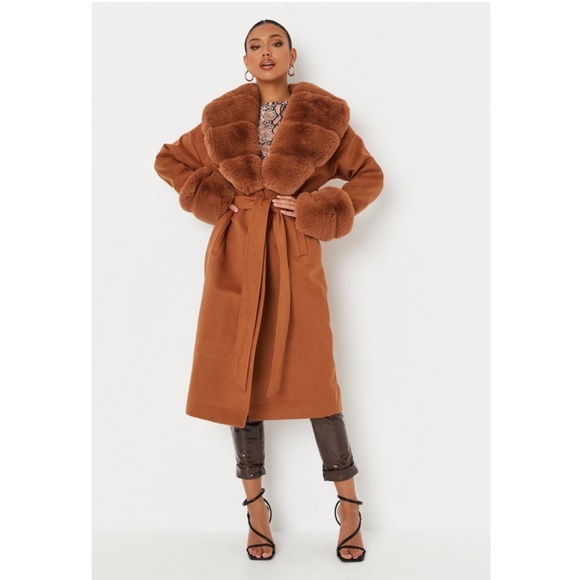 Missguided Jackets & Blazers - Missguided Camel Faux Fur Belted Coat - NWT